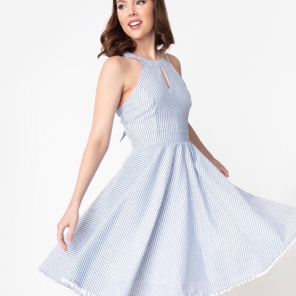 Smak Parlour Blue & White Stripe Seersucker Make Me Over Flare Dress